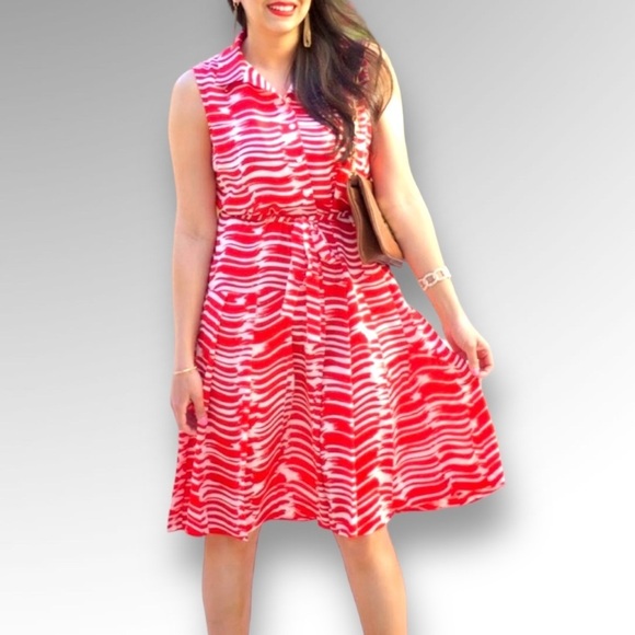 CAbi Dresses & Skirts - Cabi Brushstroke Midi Red/White Modern Pleated Button-Up Belted Dress Size S
